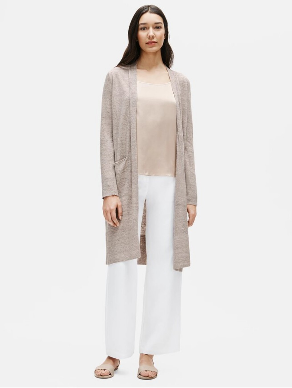 Eileen Fisher Organic Linen Melange Long Cardigan Duster In Bramble Beige Xs